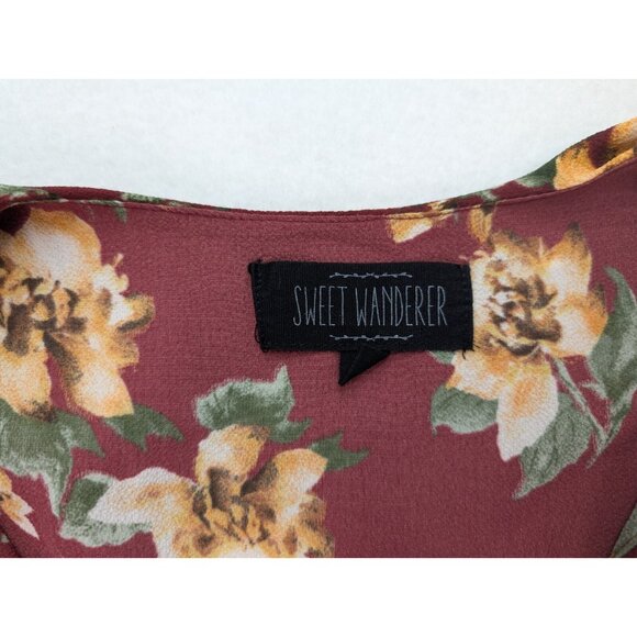Sweet Wanderer Women's Dress Size Small Maroon Floral Print Ruffle Boho Bohemian - Picture 6 of 15